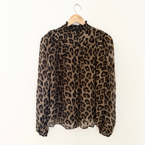ba&sh Animal Print leopard ruffle mock neck blouse 1 - Picture 4 of 9